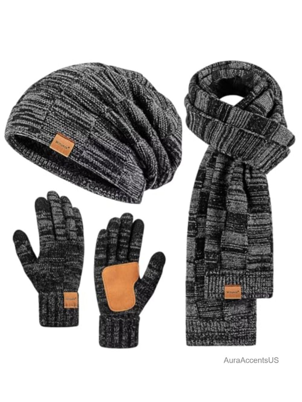 Mens Winter Hat Gloves Scarf Set 3 in 1 Knit Beanie Touchscreen Thermal Fleece